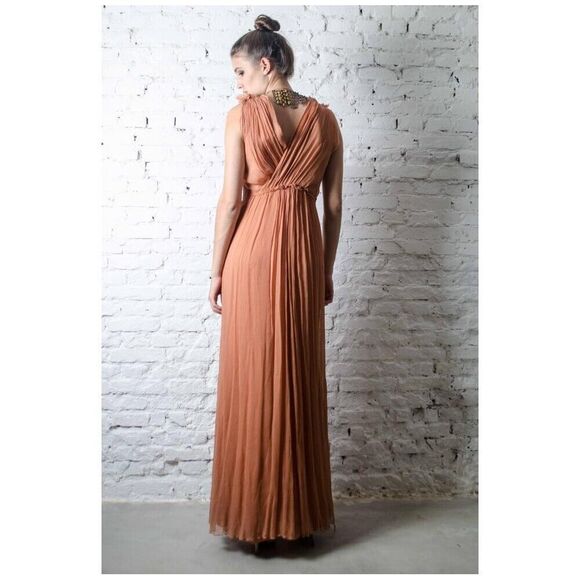 CRIS BARROS Long ORANGE  dress with SILK lining Beads antique inserts Size 38 - Picture 2 of 16